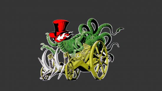 Persona 5 X beta header showing a red hat overlaid onto a green monster on a chariot, next to a red top hat, all on a grey background.