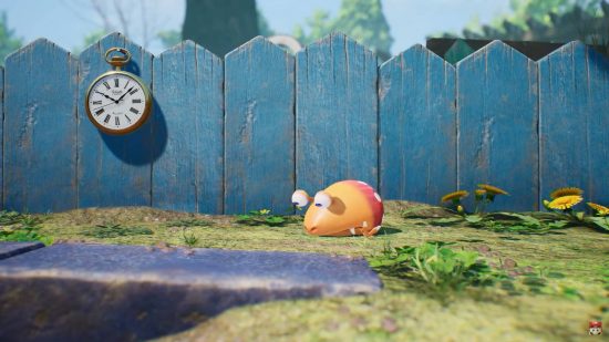 Pikmin history: A Bulborb is slumped on the grass next to a fence