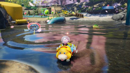 Pikmin history: A Pikmin protagonist rides Oatchi through water with several Pikmin clinging to the creature