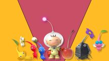 Pikmin History: Key art shows Captain Olimar and several Pikmin against a yellow background