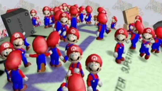 Pikmin history: a screenshot shows many different Mario models all exploring one spherical stage