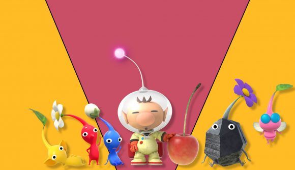 Pikmin History: Key art shows Captain Olimar and several Pikmin against a yellow background