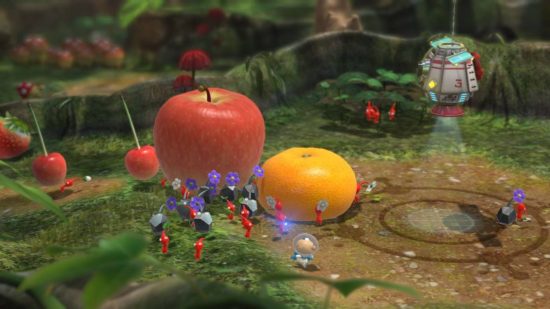 Pikmin history: several Pikmin carry fruit through a level