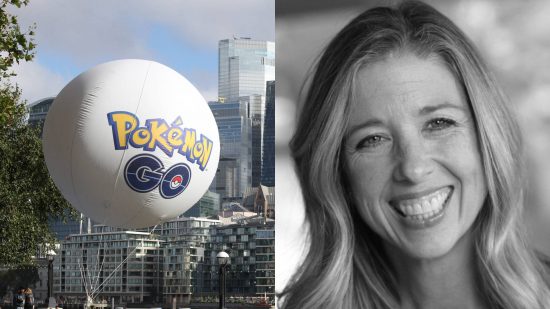 Pokemon Go Kim Adams interview: A profile photo of Kim Adams is visible, next to an image of a Pokemon Go balloon floating in London