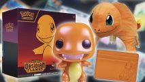 Pokémon Obsidian Flames giveaway: a prize bundle featuring several Charmander themed prizes is visible