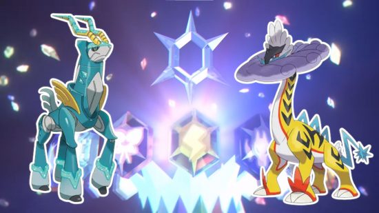 Pokemon Scarlet Violet Indigo Disk: Iron Crown, a future version of Cobalion, and Raging Thunder, a past version of Raikou, outlined in white and pasted on a screenshot of the new multi-type Tera crown.