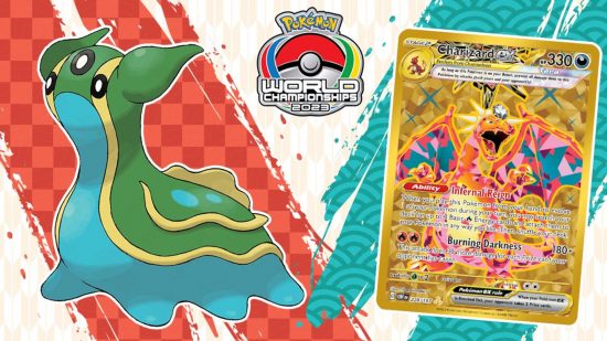 Pokemon World Championships gifts: A graphic showing a green and blue Gastrodon and a gold foil version of Charizard ex on a Pokemon Worlds Yokohama-branded background