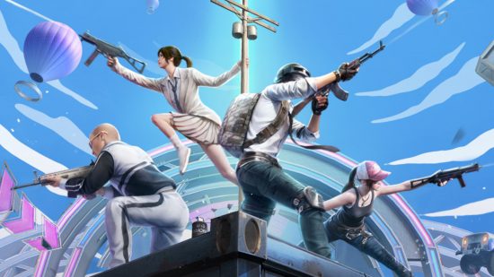 Official promo art for PUBG Mobile off-road racing with multiple characters shooting guns