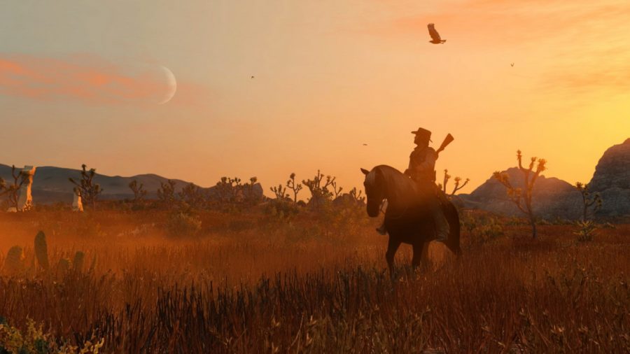 Red Dead Redemption: The main character sat on a horse, silhouetted against a dusty, sunny sky