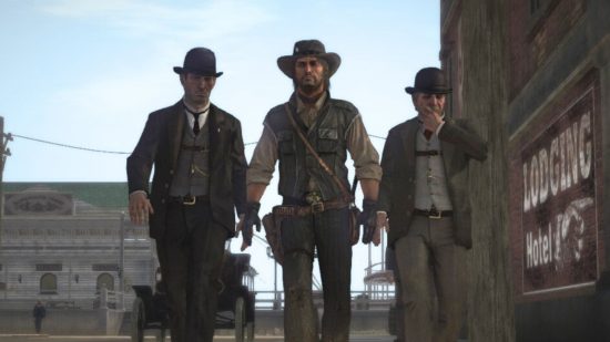 Read Dead Redemption Switch review screenshot showing three men walking through a town. The two either side are fancy, wearing suits, smoking cigars, with bowler hats and waistcoats and all. In the middle is a cowboy, all leather and replete with guns, wearing a scrappy hat and with scars on his face.