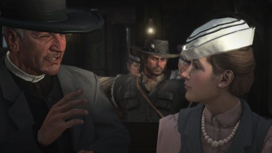 Read Dead Redemption Switch review screenshot showing a priest and a young lady having a conversation, behind whom is a cowboy looking a tad suspicious.