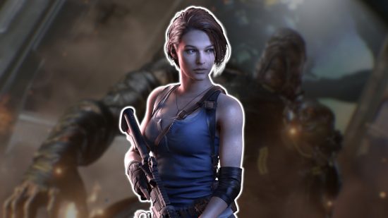 Resident Evil Jill: Jill from RE3 remake outlined in white and pasted on a blurred image of the game's antagonist