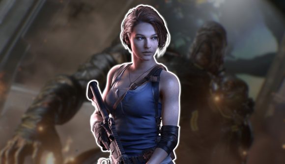 Resident Evil Jill: Jill from RE3 remake outlined in white and pasted on a blurred image of the game's antagonist