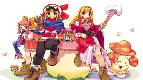 Rhapsody: Marl Kingdom Chronicles Switch review header showing art of two women sat on some confectionary, one in a pink dress with long blonde hair holding a Deser Eagle pistol, the other in a blue sash, brown gloves and boots, and googles on her forehead.