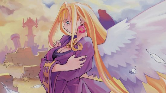 Rhapsody Marl Kingdom Chronicles Switch review screenshot showing art from the game of a woman with long blonde hair and angel wings wearing a purple robe and hugging herself.