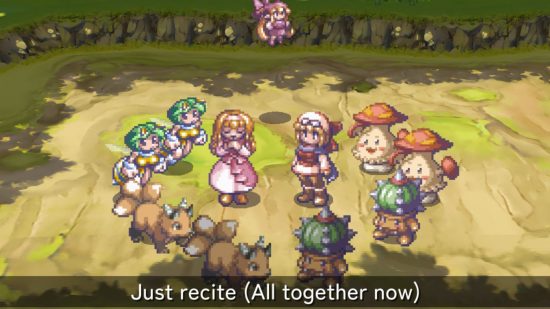 Rhapsody Marl Kingdom Chronicles Switch review screenshot showing a large group of sprites in the wood in a circle dancing and singing.