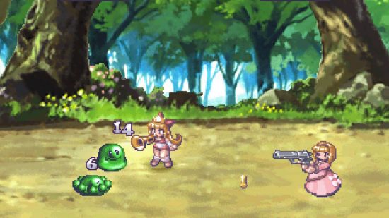 Rhapsody Marl Kingdom Chronicles Switch review screenshot showing two girls fighting green slime monsters in the woods -- one uses a trumpet, the other a pistol.