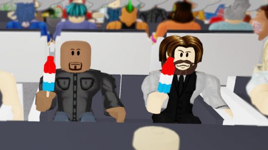 Roblox Bomb Pops: Two Roblox characters sat in a restaurant holding iconic red, white, and blue virtual Bomb Pops