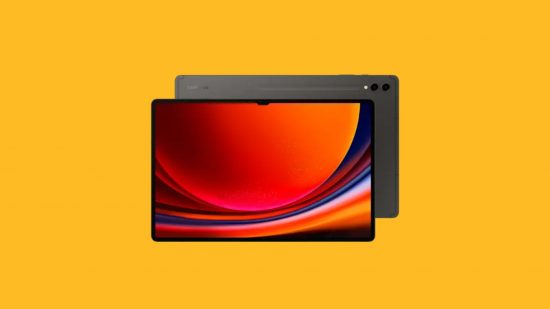 Samsung foldable tablet header showing a tablet twice on a mango yellow background. On the front, we can see its screen with a red and black abstract background -- just one big slab of screen -- with a second table behind it just poking out to show its black back casing and two cameras.