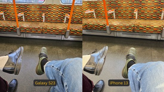 Samsung Galaxy S23 review photo comparison showing the S23 on the left and iPhone on the right, with identical pictures. They are both of a pair of feet on a train with orange seat covers in front of the feet.