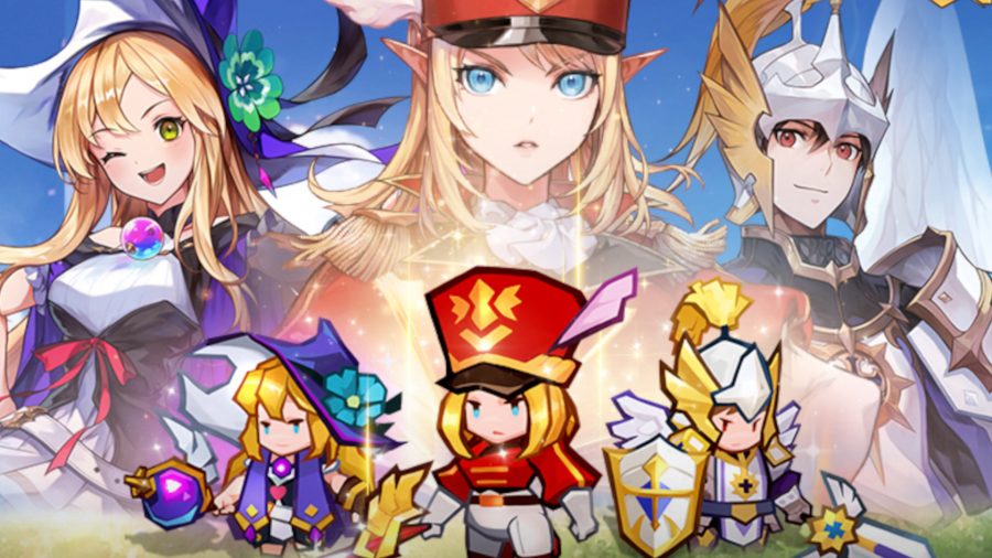 Seven Knights Idle Adventure hero image: Promo art for the game showing three characters in their full-scale anime forms and their adorable chibi forms, with an art style similar to Scribblenauts