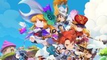 Seven Knights Idle Adventure release date: Key art showing a bunch of the characters in the chibi forms doing dynamic poses on a blue sky background