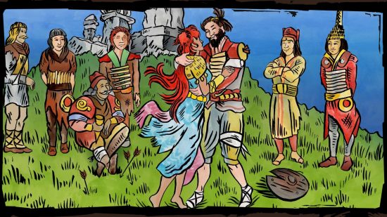 Six Ages 2 review header showing various people in a old-fashinoned tapestry-style image, with a man and woman in the centre hugging and a crowd around them looking jovial, all medieval-style outfits, somewhat Cossack or Mongol, stood on a grassy hill.