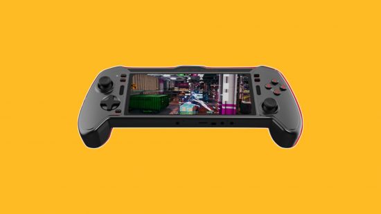 Snapdragon G series header showing a handheld console on a mango yellow background. The console is black, with two grips either end of the screen with buttons on them. On the screen is a hard-to-see game, all black blue purple and white.