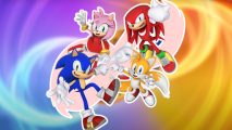 Sonic Fast Friends Forever: Sonic, Tails, Knuckles, and Amy all fist-bumping with a pink infinity sign behind them, outlined in white and pasted on a blurred version of the Fast Friends Forever logo and colorful background