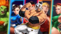 Street Fighter Duel tier list: El Fuego growling and showing off his muscles, outlined in white and pasted on a blurred picture of the SFD lineup