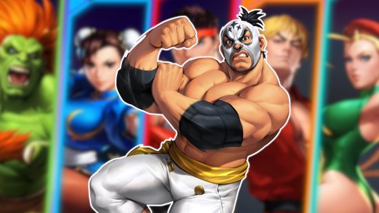 Street Fighter Duel tier list: El Fuego growling and showing off his muscles, outlined in white and pasted on a blurred picture of the SFD lineup