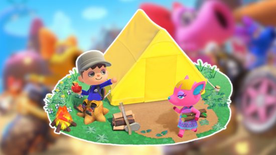 Switch multiplayer games: An Animal Crossing player character sat outside their yellow tent as a pink deer villager comes to say hello. This scene is outlined in white and pasted on a blurred Mario Kart 8 Deluxe screenshot