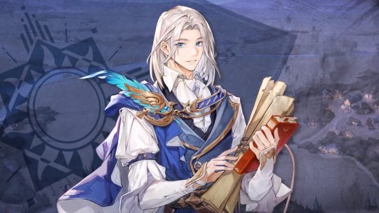 Sword of Convallaria release date: An anime man with long white hair wearing a blue waistcoat with feather details over a white shirt stands on a blue background holding a stack of scrolls and books.