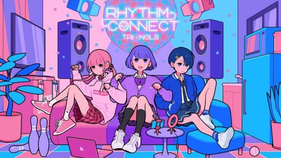 Taiko no Tatsujin Rhythm Connect release date header showing three people all with plaid skirts sitting on a sofa in front of a disco ball with the game's name on it. There are speakers behind them, junk on a coffee table in front, and an overall pop-art cartoony vibe to the image.
