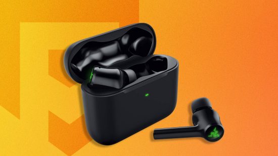 The best earbuds for iPhone: the razer hammerhead hyperspeed pro earbuds appear against a yellow background