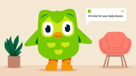 toilet games Duolingo: Duo the own standing in a room filled with furniture