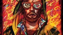 Top down games: key art from Hotline Miami shows an llustration of a man with glasses and long hair, they look like theyve been in a fight, with broken glasses and some bruises