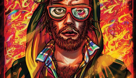 Top down games: key art from Hotline Miami shows an llustration of a man with glasses and long hair, they look like theyve been in a fight, with broken glasses and some bruises