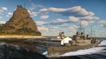 War Thunder codes header showing a large battleship in the water by a big rocky outcropping and a sandy beach.