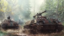 War Thunder Tanks: key art for War Thunder shows two tanks driving through a wooded area