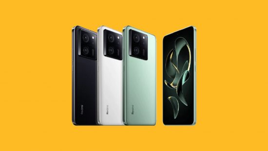 Xiaomi Android update promise header showing four phones, one black, one green, one white, and another facing us with an abstract background on the screen, all lined up on a mango yellow background.