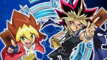 Yu-Gi-Oh Duel Links Rush Duel: Yugi and a character from SEVENS standing together raising their cards to the sky on a blue background