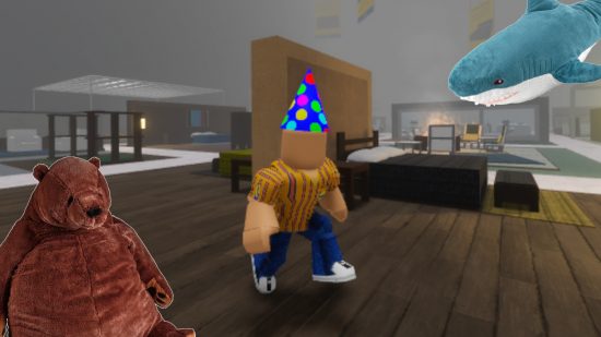 3008 Roblox: A character with a party hat in 3008 Roblox, with a brown Ikea bear in the bottom left corner and an Ikea shark in the top right corner