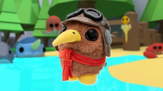 Adopt Me toys: a plush kiwi toy wearing a hat and a scarf
