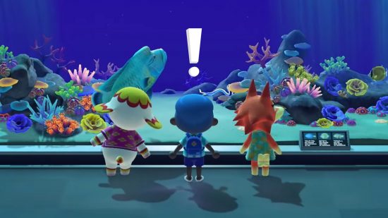 Animal Crossing aquarium event: three characters looking at a big display