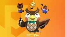 Animal Crossing history: Blathers on a yellow ombre background surrounded by characters