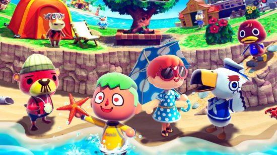 Animal Crossing history: two human characters on a beach with animals nearby