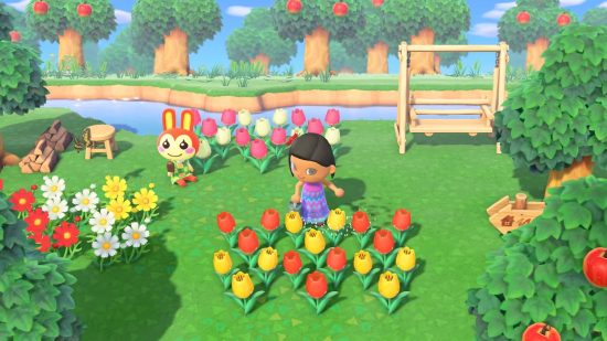 Animal Crossing history: a player in New Horizons watering flowers in a garden