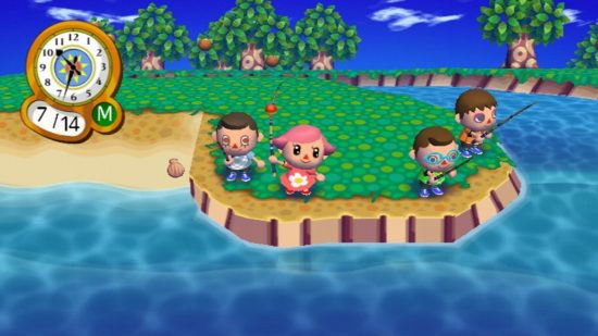 Animal Crossing history: four players fishing in the ocean of City Folk