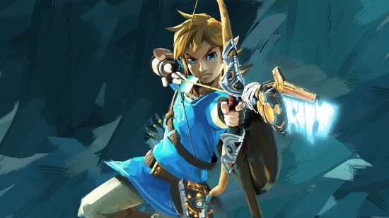 Official art of OBTW Link drawing a bow holding an ancient arrow